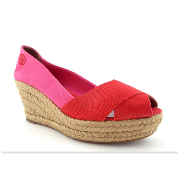 Tory Burch Shoes - TORY BURCH Red & Pink Canvas Espadrille Wedges 11